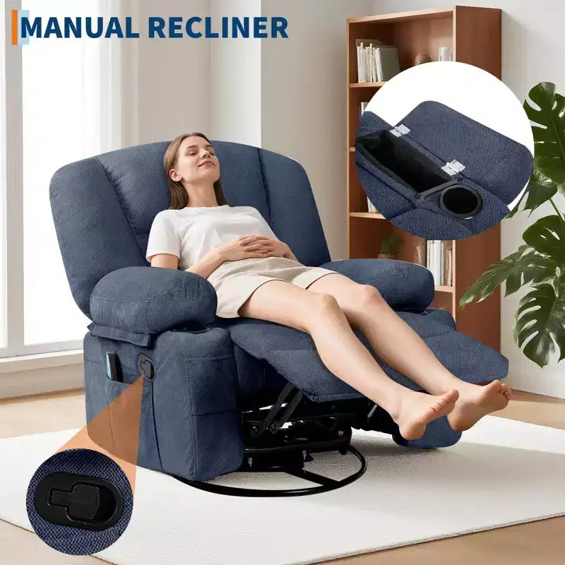 360 Swivel Recliner Chair with Heat & Massage, Manual Rocker Recliner, Cup Holders & Storage Pockets, Chenille/PU Leather for Living Room & Bedroom