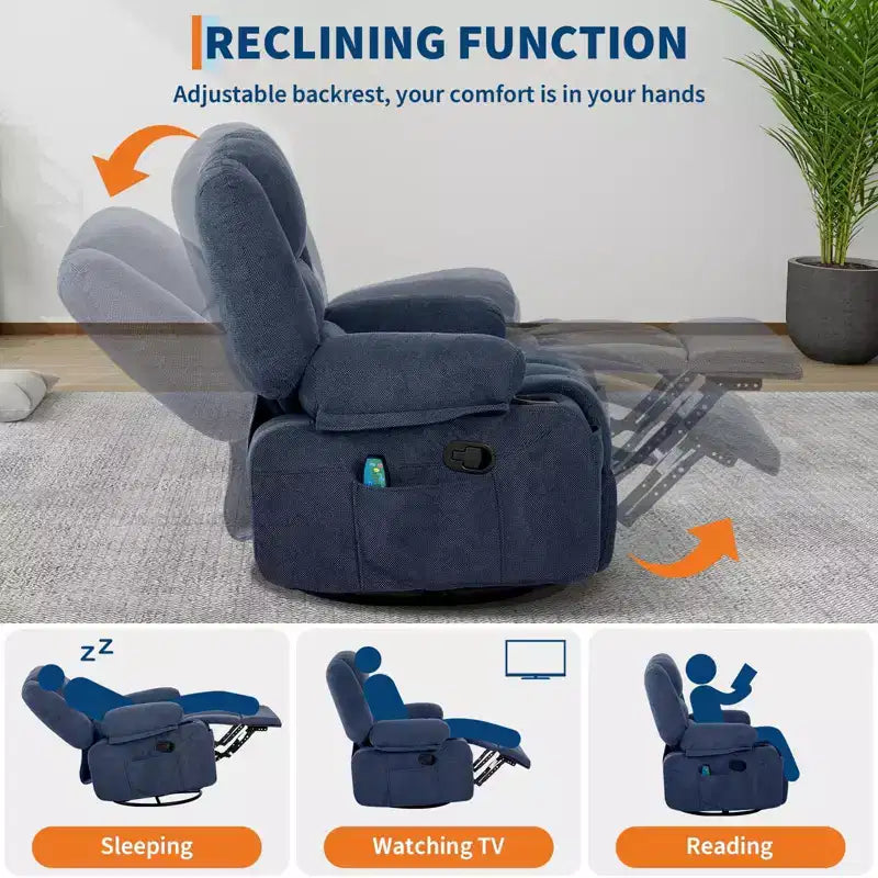 360 Swivel Recliner Chair with Heat & Massage, Manual Rocker Recliner, Cup Holders & Storage Pockets, Chenille/PU Leather for Living Room & Bedroom