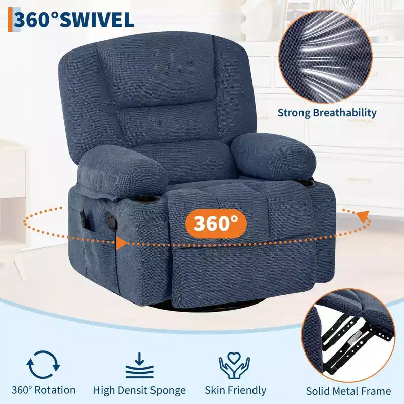 360 Swivel Recliner Chair with Heat & Massage, Manual Rocker Recliner, Cup Holders & Storage Pockets, Chenille/PU Leather for Living Room & Bedroom