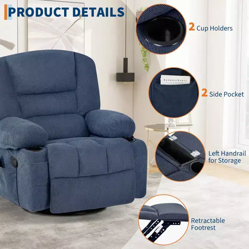 360 Swivel Recliner Chair with Heat & Massage, Manual Rocker Recliner, Cup Holders & Storage Pockets, Chenille/PU Leather for Living Room & Bedroom