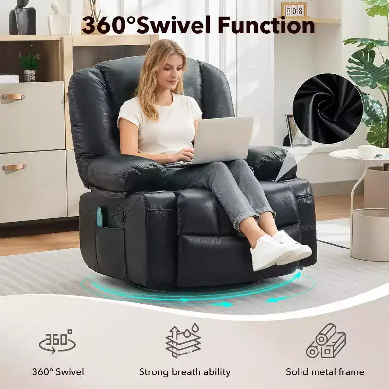 360 Swivel Recliner Chair with Heat & Massage, Manual Rocker Recliner, Cup Holders & Storage Pockets, Chenille/PU Leather for Living Room & Bedroom