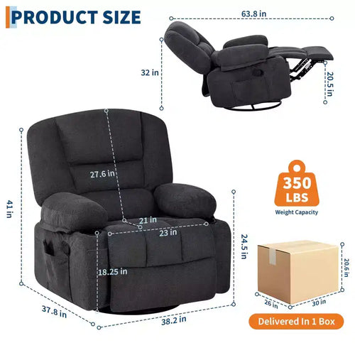 Sillón reclinable giratorio 360 con calor y masaje, reclinable balancín manual, portavasos y bolsillos de almacenamiento, chenilla/cuero sintético para sala de estar y dormitorio