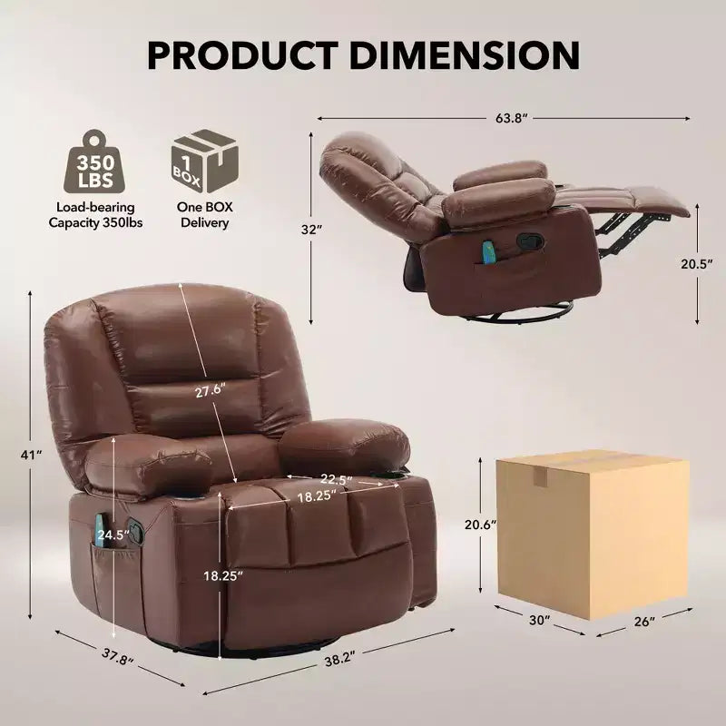 360 Swivel Recliner Chair with Heat & Massage, Manual Rocker Recliner, Cup Holders & Storage Pockets, Chenille/PU Leather for Living Room & Bedroom