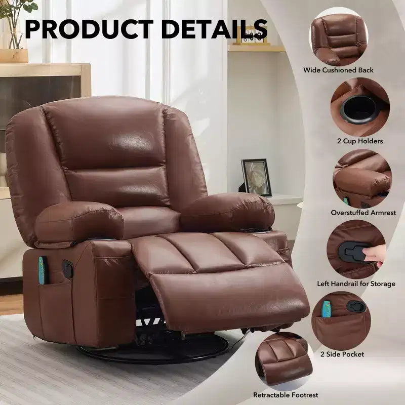 360 Swivel Recliner Chair with Heat & Massage, Manual Rocker Recliner, Cup Holders & Storage Pockets, Chenille/PU Leather for Living Room & Bedroom