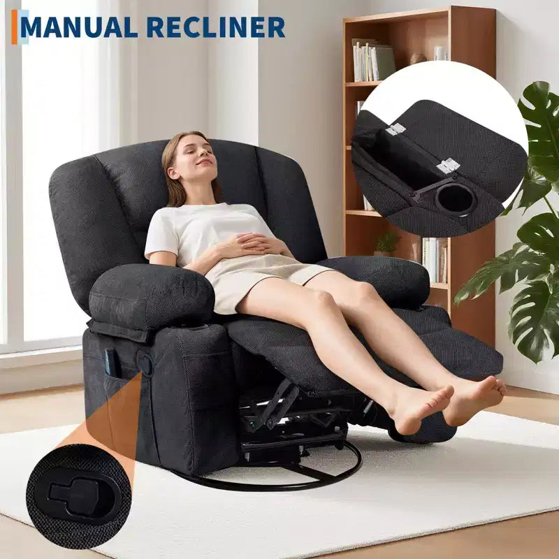 360 Swivel Recliner Chair with Heat & Massage, Manual Rocker Recliner, Cup Holders & Storage Pockets, Chenille/PU Leather for Living Room & Bedroom