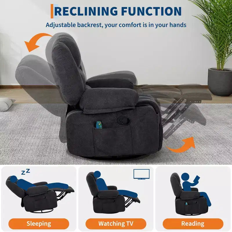 360 Swivel Recliner Chair with Heat & Massage, Manual Rocker Recliner, Cup Holders & Storage Pockets, Chenille/PU Leather for Living Room & Bedroom