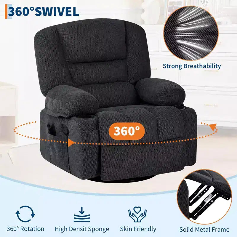 360 Swivel Recliner Chair with Heat & Massage, Manual Rocker Recliner, Cup Holders & Storage Pockets, Chenille/PU Leather for Living Room & Bedroom