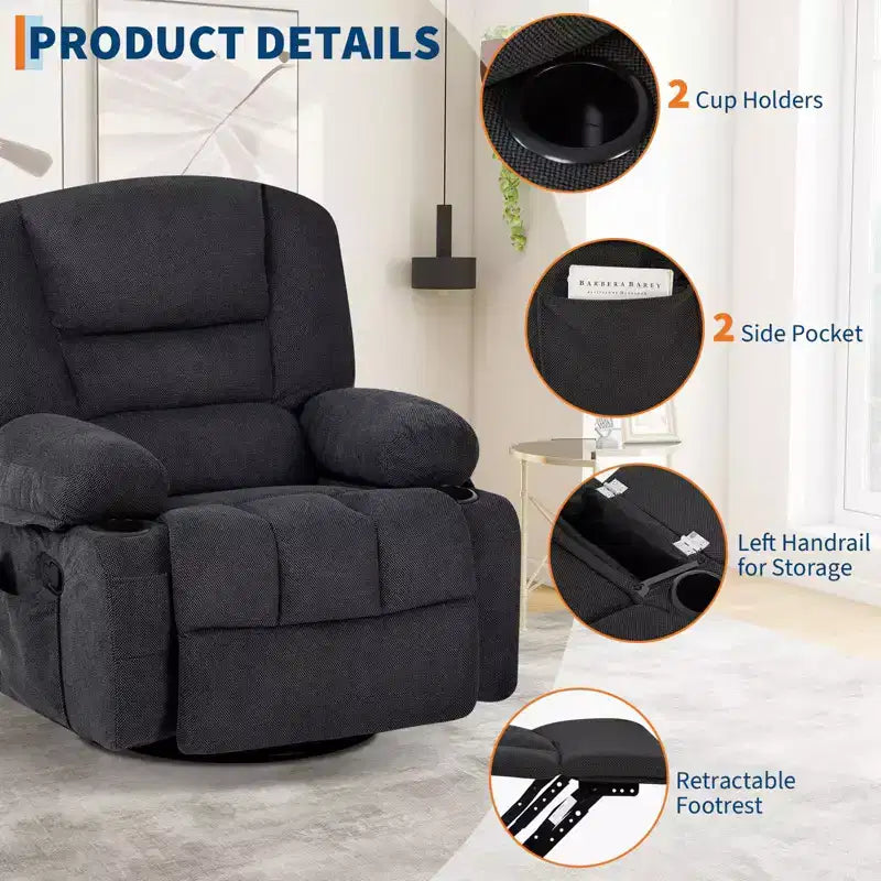 360 Swivel Recliner Chair with Heat & Massage, Manual Rocker Recliner, Cup Holders & Storage Pockets, Chenille/PU Leather for Living Room & Bedroom