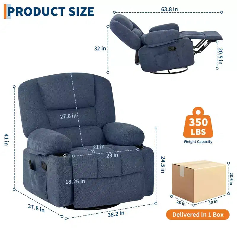 360 Swivel Recliner Chair with Heat & Massage, Manual Rocker Recliner, Cup Holders & Storage Pockets, Chenille/PU Leather for Living Room & Bedroom
