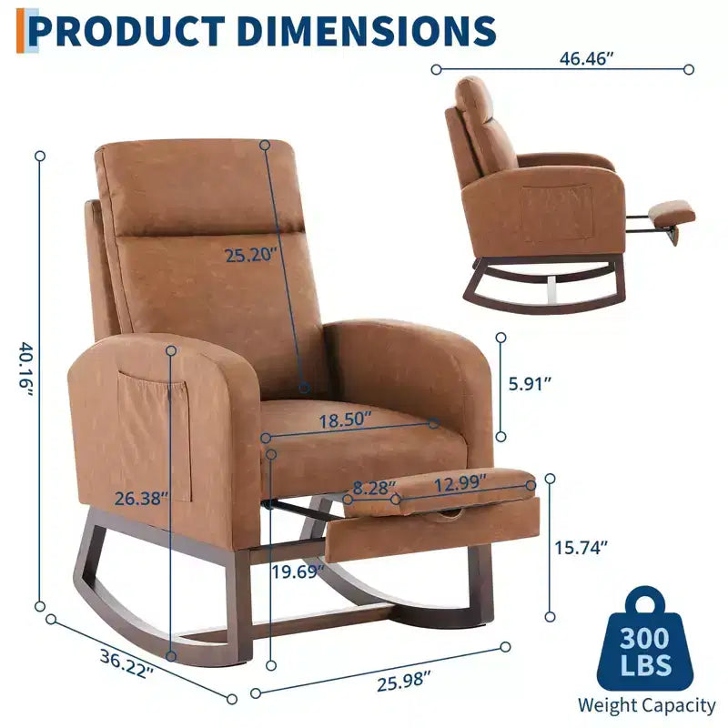 2Pcs Rocking Chair, Upholstered Rocking Chair,High Back, Soft Bear Fabric, Adjustable Footrest, Glider Rocker for Living Room, Bedroom, Brown