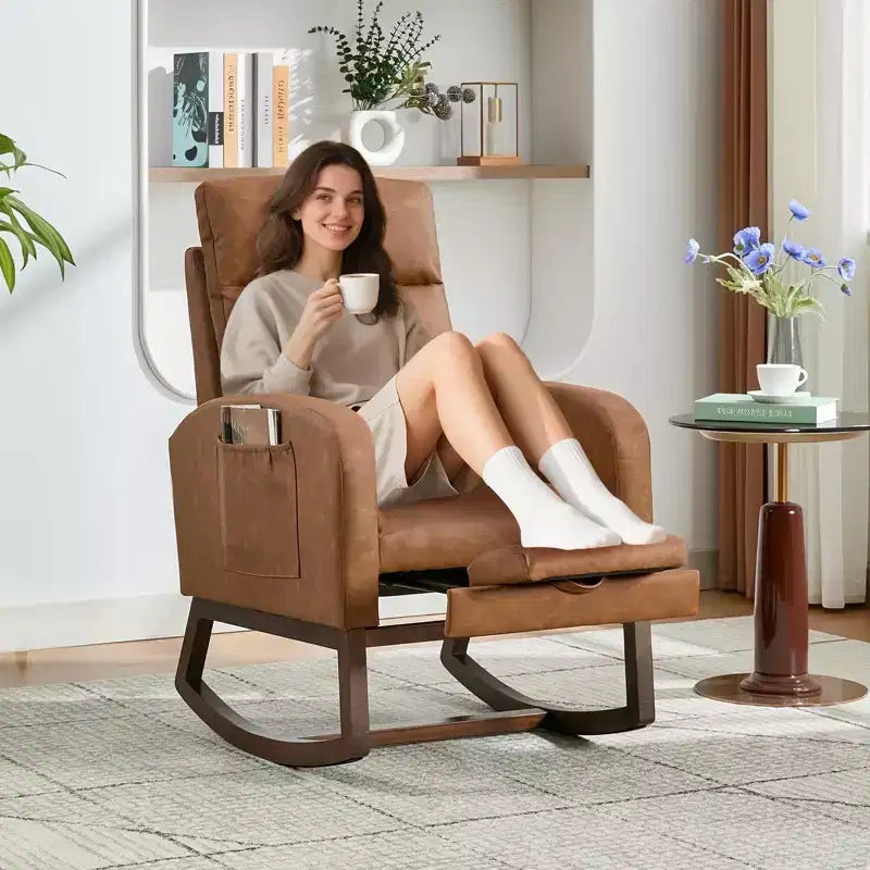 2Pcs Rocking Chair, Upholstered Rocking Chair,High Back, Soft Bear Fabric, Adjustable Footrest, Glider Rocker for Living Room, Bedroom, Brown