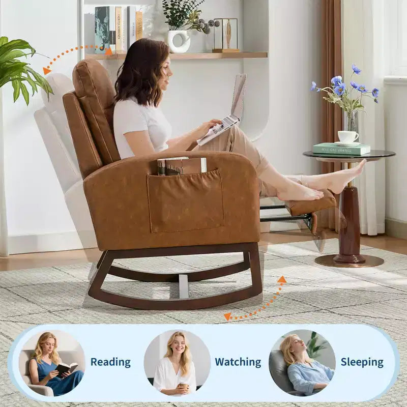 2Pcs Rocking Chair, Upholstered Rocking Chair,High Back, Soft Bear Fabric, Adjustable Footrest, Glider Rocker for Living Room, Bedroom, Brown