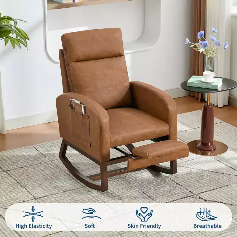 2Pcs Rocking Chair, Upholstered Rocking Chair,High Back, Soft Bear Fabric, Adjustable Footrest, Glider Rocker for Living Room, Bedroom, Brown