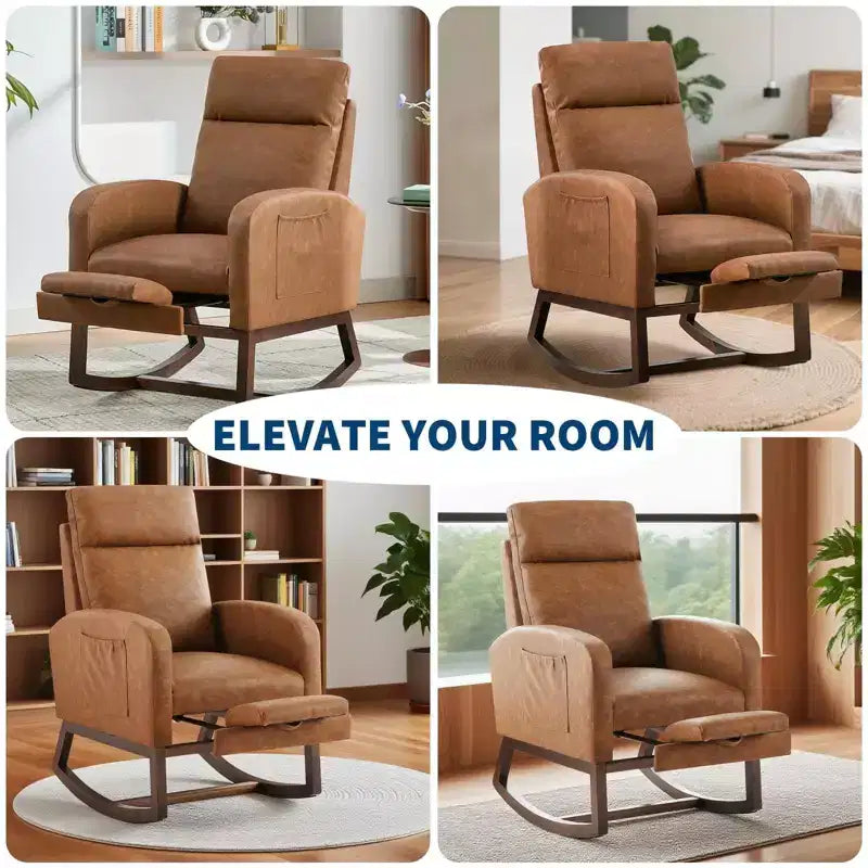 2Pcs Rocking Chair, Upholstered Rocking Chair,High Back, Soft Bear Fabric, Adjustable Footrest, Glider Rocker for Living Room, Bedroom, Brown