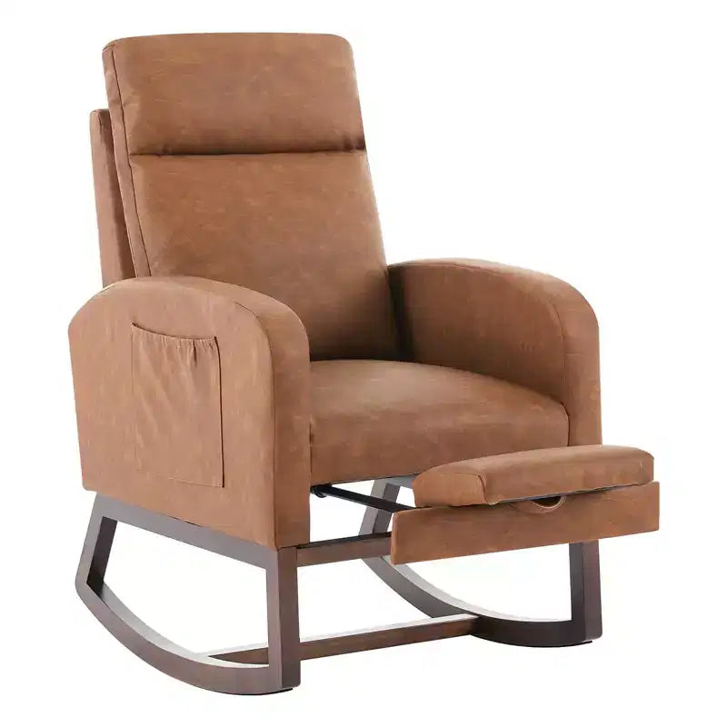 2Pcs Rocking Chair, Upholstered Rocking Chair,High Back, Soft Bear Fabric, Adjustable Footrest, Glider Rocker for Living Room, Bedroom, Brown