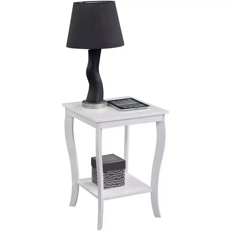 Mesa auxiliar cuadrada con tapa de madera, blanca, 2 estantes