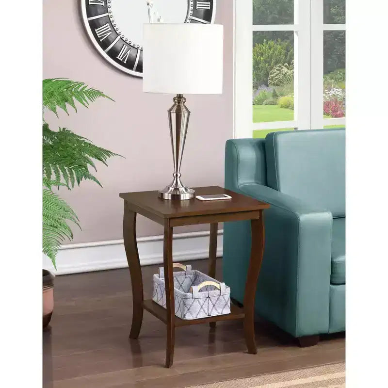 Mesa auxiliar cuadrada con tapa de madera, blanca, 2 estantes