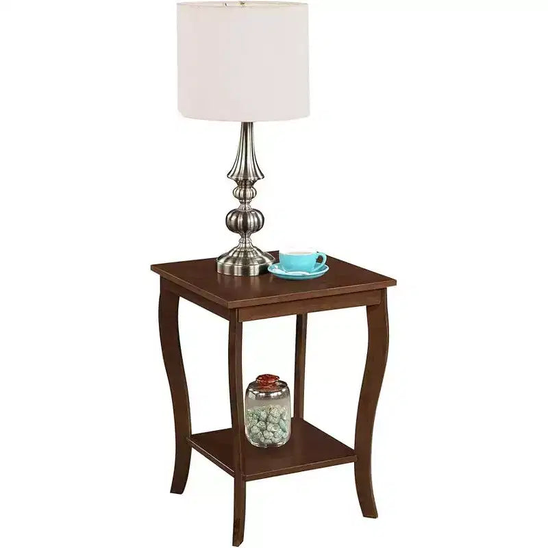 Mesa auxiliar cuadrada con tapa de madera, blanca, 2 estantes