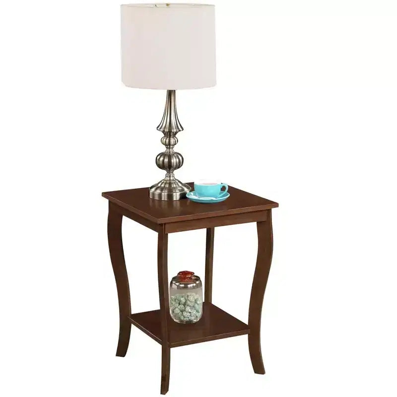 Mesa auxiliar cuadrada con tapa de madera, blanca, 2 estantes