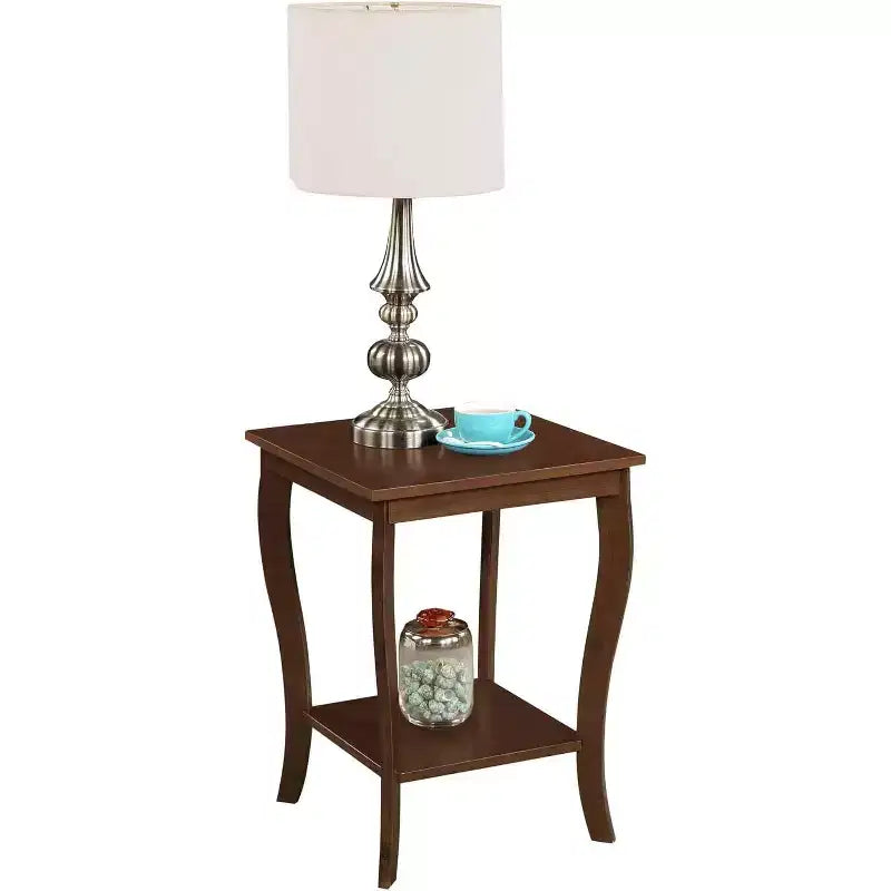 Mesa auxiliar cuadrada con tapa de madera, blanca, 2 estantes