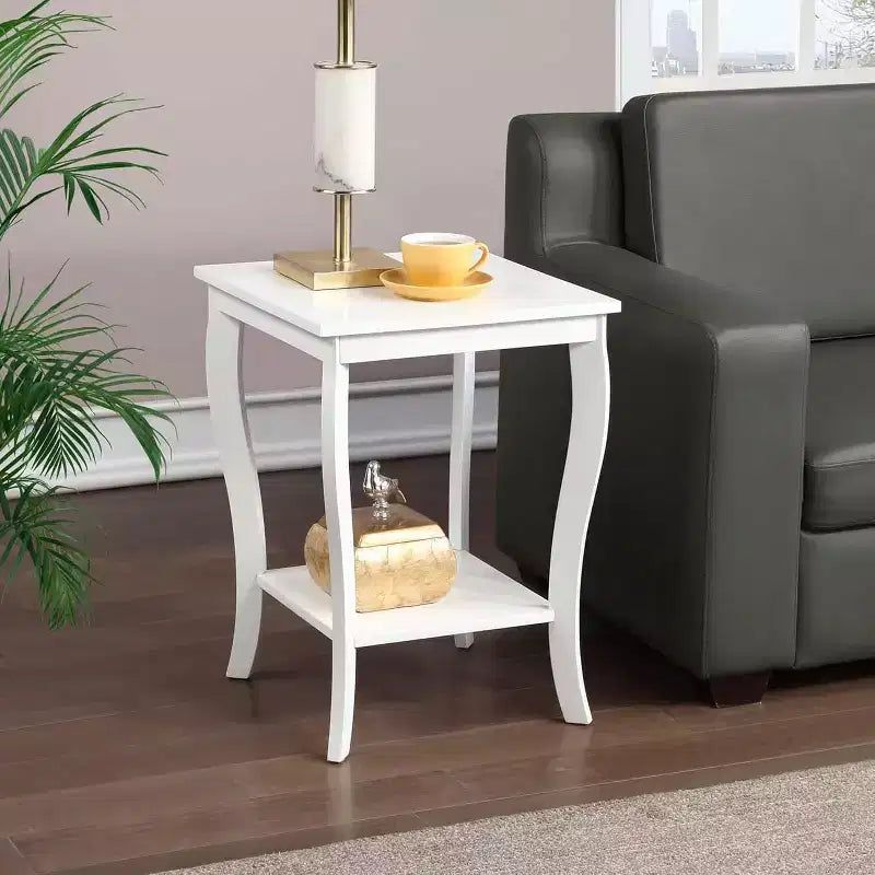 Mesa auxiliar cuadrada con tapa de madera, blanca, 2 estantes