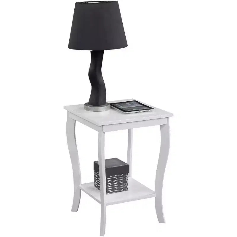Mesa auxiliar cuadrada con tapa de madera, blanca, 2 estantes