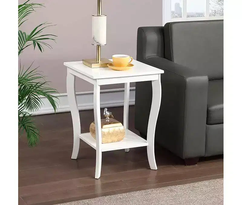Mesa auxiliar cuadrada con tapa de madera, blanca, 2 estantes