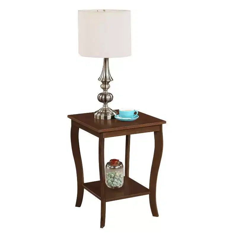 Mesa auxiliar cuadrada con tapa de madera, blanca, 2 estantes