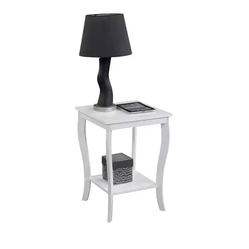 Mesa auxiliar cuadrada con tapa de madera, blanca, 2 estantes