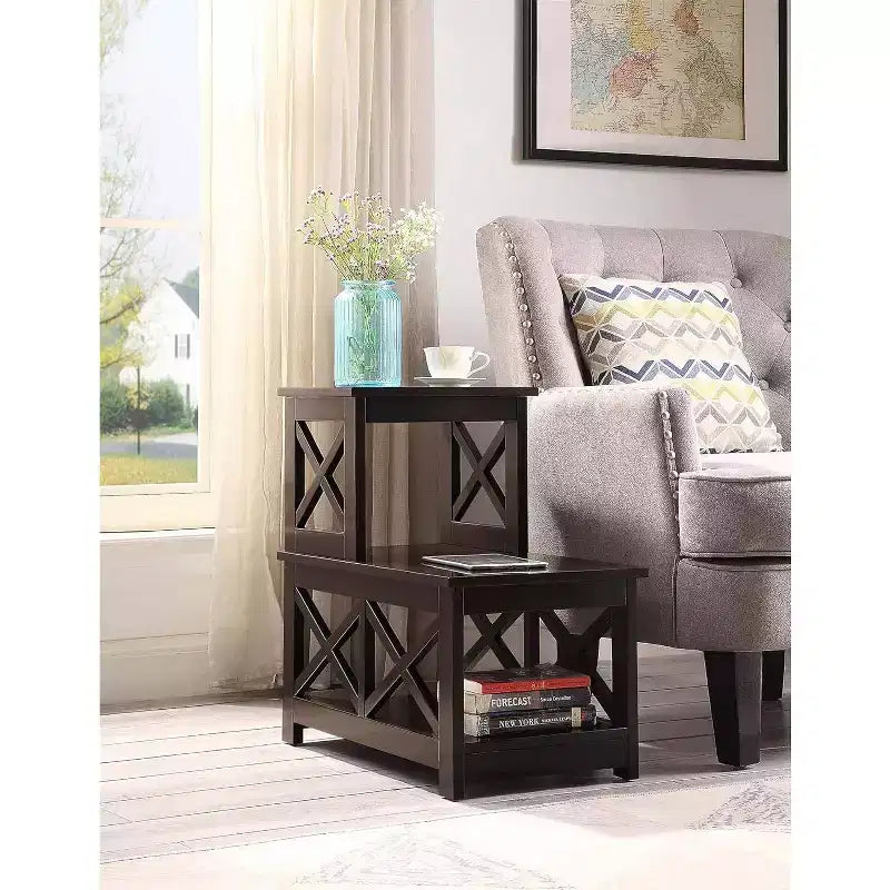Mesa auxiliar rectangular con tapa de madera, negra, diseño en L con 3 estantes