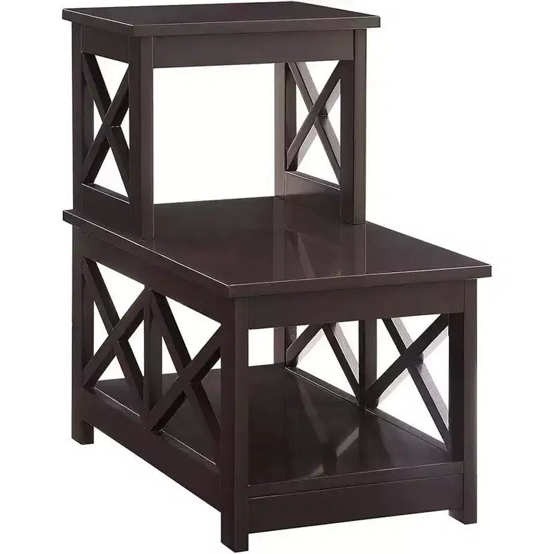 Mesa auxiliar rectangular con tapa de madera, negra, diseño en L con 3 estantes