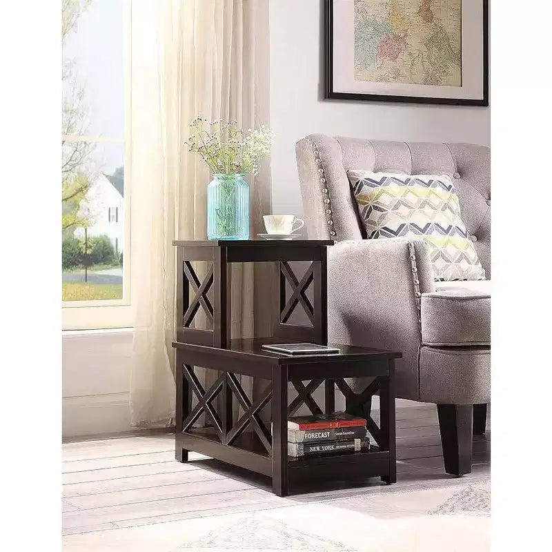 Mesa auxiliar rectangular con tapa de madera, negra, diseño en L con 3 estantes