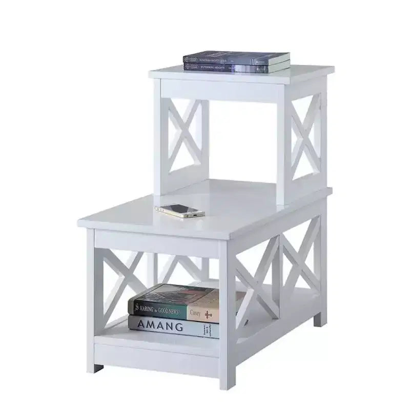 Mesa auxiliar rectangular con tapa de madera, negra, diseño en L con 3 estantes