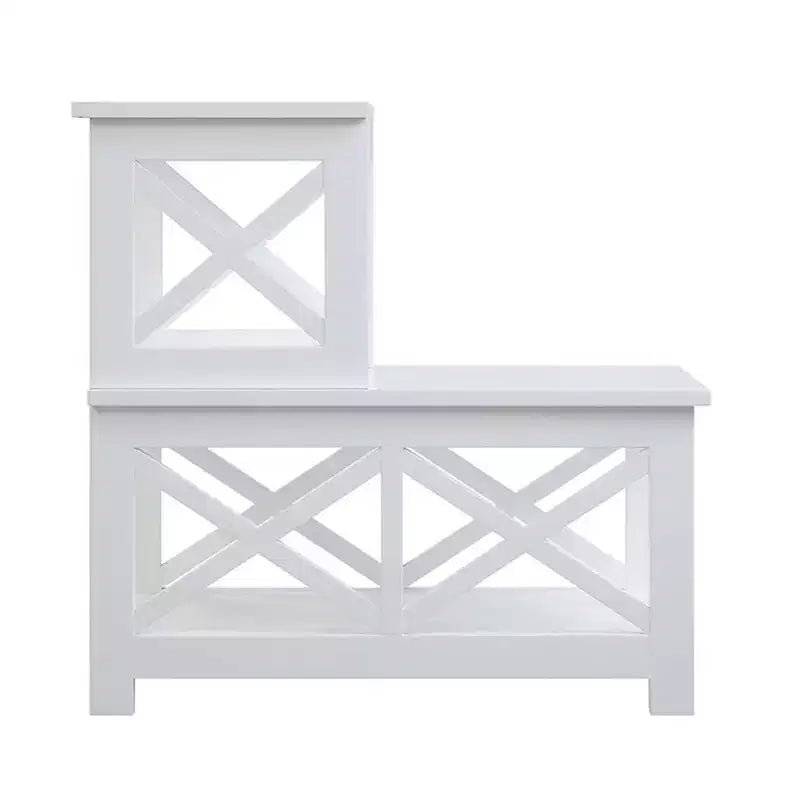 Mesa auxiliar rectangular con tapa de madera, negra, diseño en L con 3 estantes