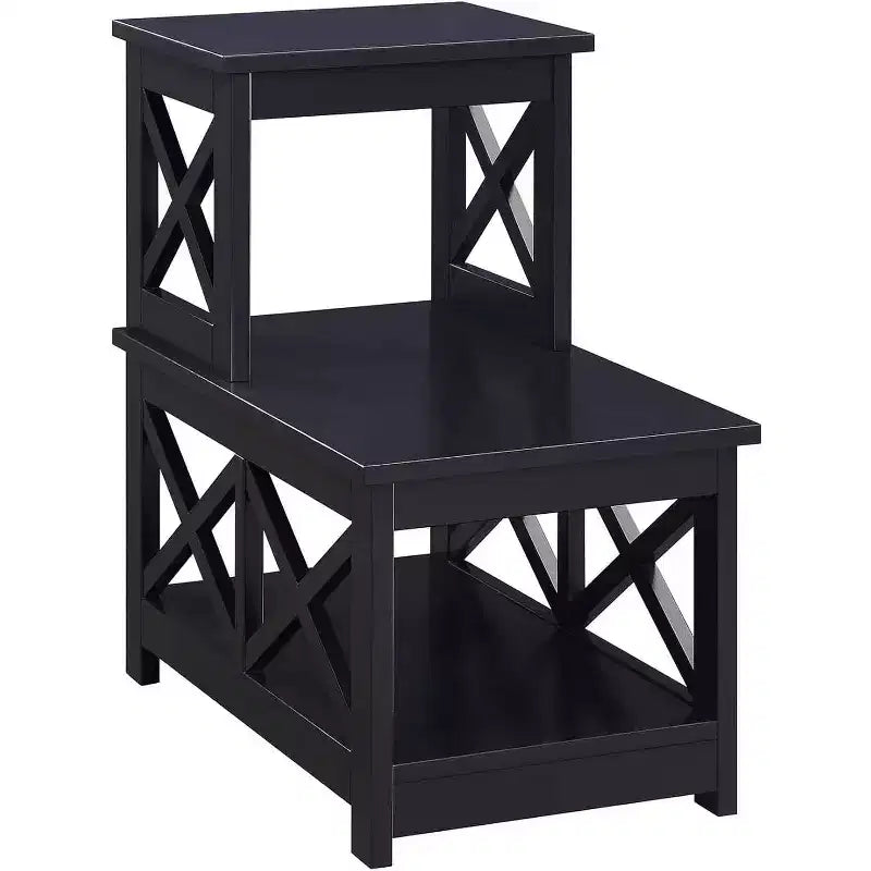 Mesa auxiliar rectangular con tapa de madera, negra, diseño en L con 3 estantes