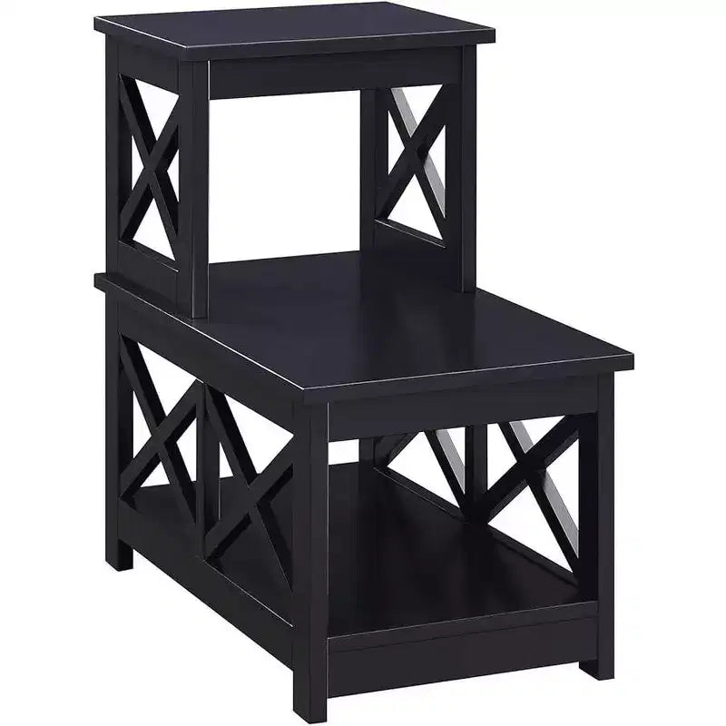 Mesa auxiliar rectangular con tapa de madera, negra, diseño en L con 3 estantes