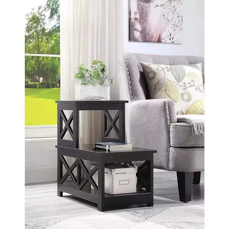 Mesa auxiliar rectangular con tapa de madera, negra, diseño en L con 3 estantes