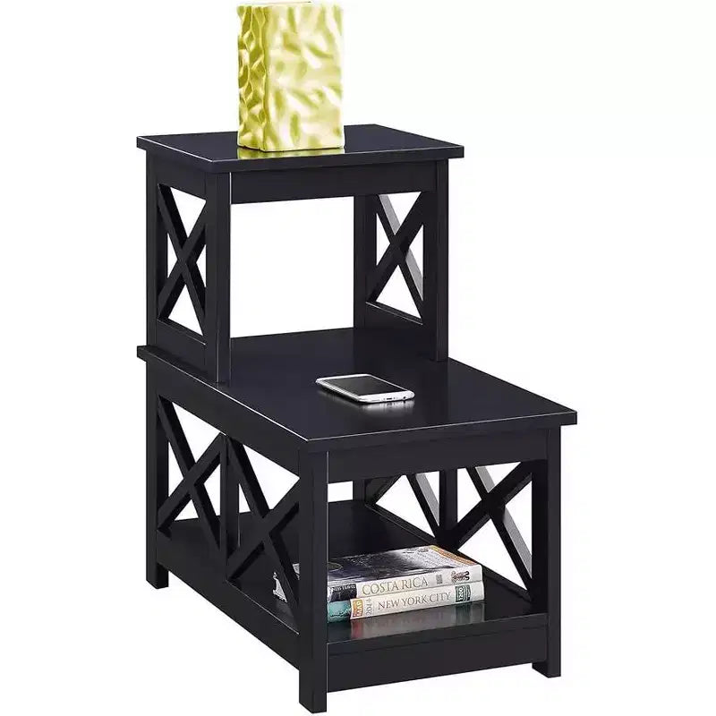 Mesa auxiliar rectangular con tapa de madera, negra, diseño en L con 3 estantes