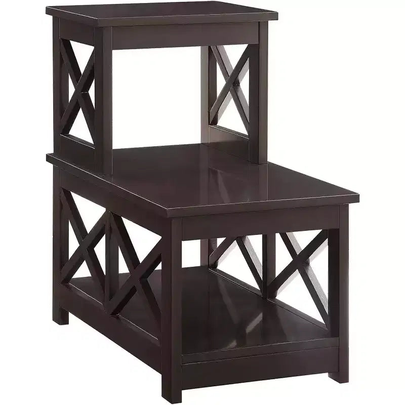Mesa auxiliar rectangular con tapa de madera, negra, diseño en L con 3 estantes