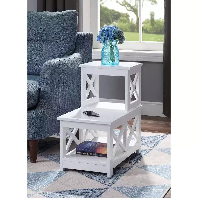 Mesa auxiliar rectangular con tapa de madera, negra, diseño en L con 3 estantes