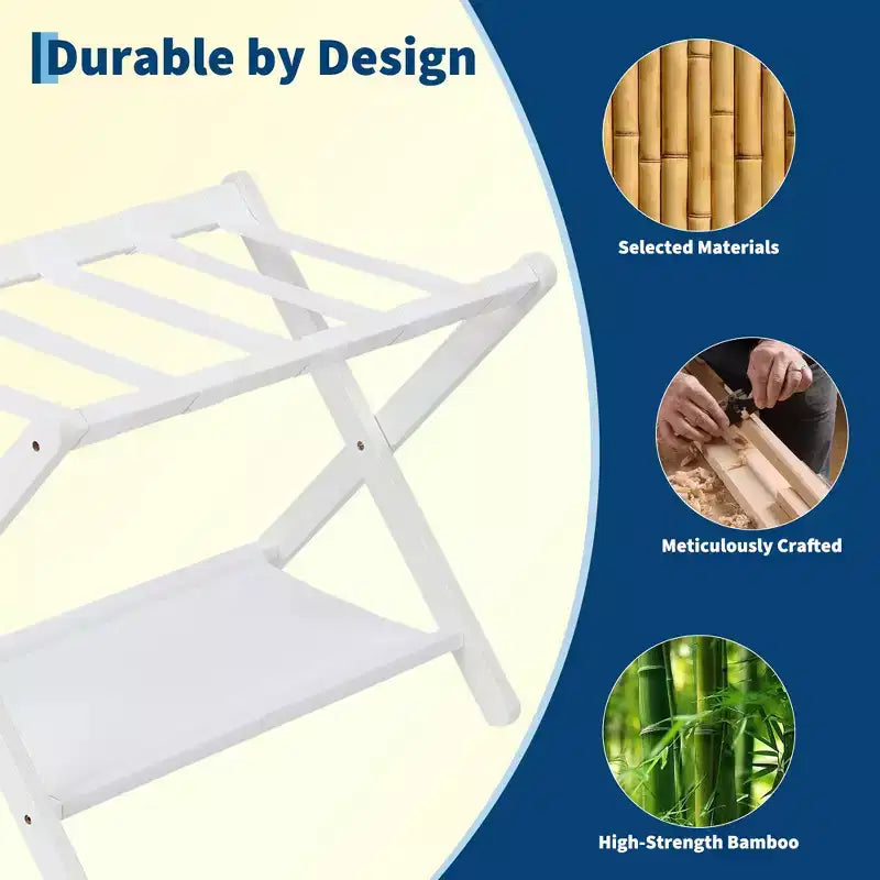 Estante plegable de bambú para maletas con 2 estantes, soporte blanco para maletas con capacidad de 110 lb, organizador de viaje que ahorra espacio