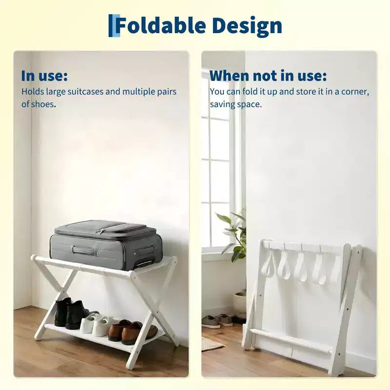 Estante plegable de bambú para maletas con 2 estantes, soporte blanco para maletas con capacidad de 110 lb, organizador de viaje que ahorra espacio