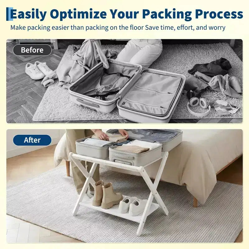 Estante plegable de bambú para maletas con 2 estantes, soporte blanco para maletas con capacidad de 110 lb, organizador de viaje que ahorra espacio