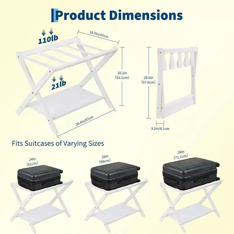Estante plegable de bambú para maletas con 2 estantes, soporte blanco para maletas con capacidad de 110 lb, organizador de viaje que ahorra espacio