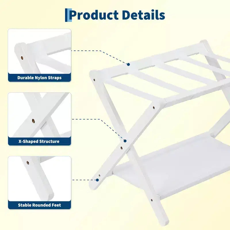 Estante plegable de bambú para maletas con 2 estantes, soporte blanco para maletas con capacidad de 110 lb, organizador de viaje que ahorra espacio