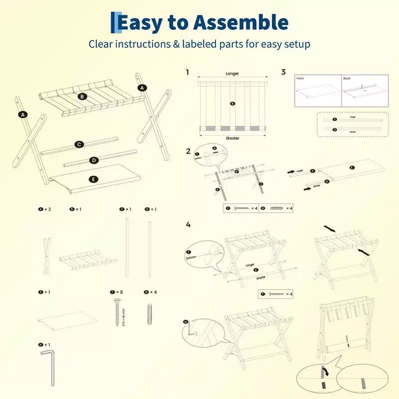 Estante plegable de bambú para maletas con 2 estantes, soporte blanco para maletas con capacidad de 110 lb, organizador de viaje que ahorra espacio