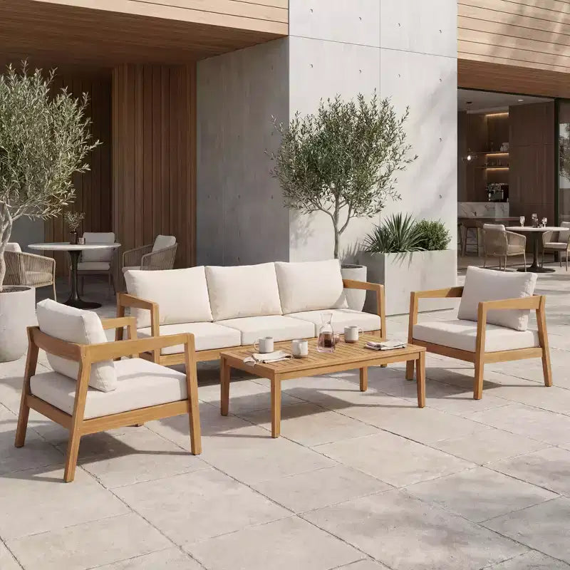 Juego de asientos de patio moderno Phachara de 4 piezas de madera de acacia Christopher Knight Home con cojines y mesa de listones