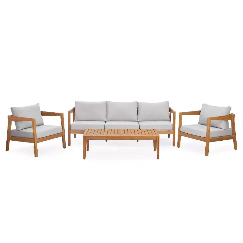 Juego de asientos de patio moderno Phachara de 4 piezas de madera de acacia Christopher Knight Home con cojines y mesa de listones