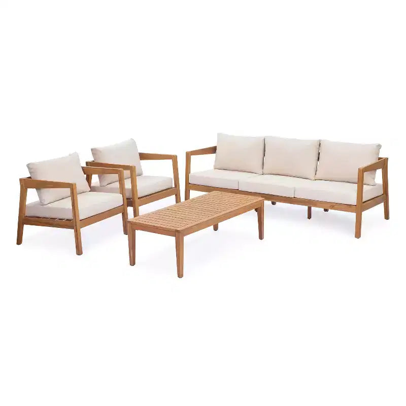 Juego de asientos de patio moderno Phachara de 4 piezas de madera de acacia Christopher Knight Home con cojines y mesa de listones