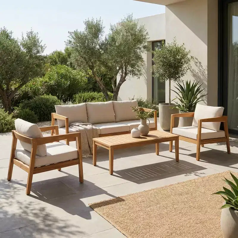 Christopher Knight Home Phachara Modern 4 Piece Acacia Wood Patio Seating Set with Cushions and Slatted Table
